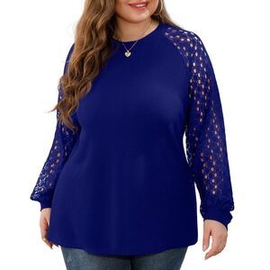 Iwollence Dark Blue Long Detail Lace Sleeve Crewneck Top. Blouse. Shirt. XL.